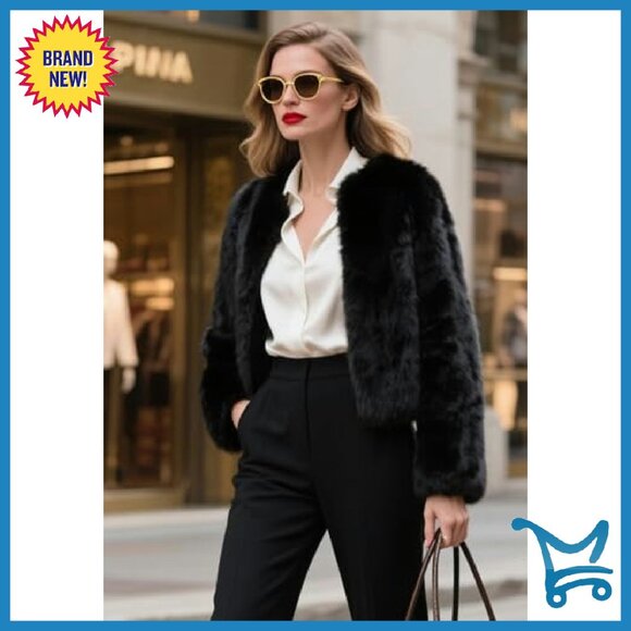 Cropped Faux Fur Jacket Women's Winter Coat Long Sleeve Pockets - Picture 5 of 8